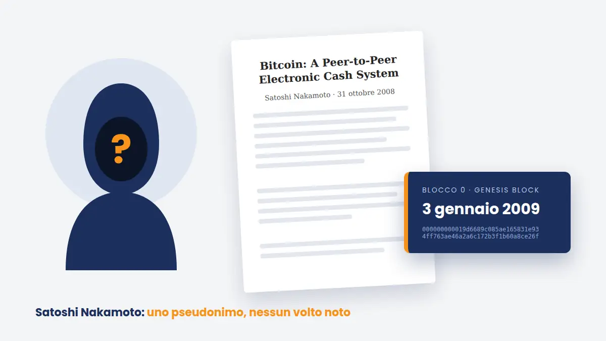 Illustrazione di Satoshi Nakamoto come figura anonima accanto al white paper di Bitcoin e al genesis block