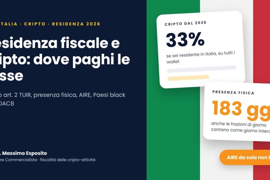 Residenza fiscale e criptovalute 2026: dove paghi le tasse sulle cripto, nuovo art. 2 TUIR, presenza fisica, AIRE, Paesi black list e DAC8