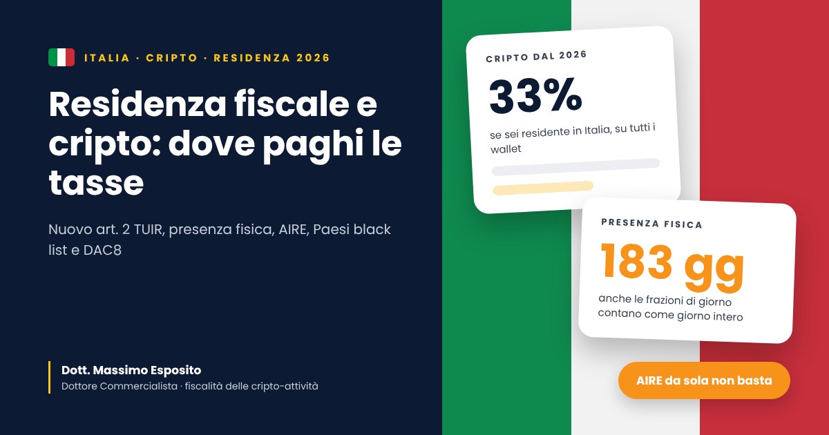 Residenza fiscale e criptovalute 2026: dove paghi le tasse sulle cripto, nuovo art. 2 TUIR, presenza fisica, AIRE, Paesi black list e DAC8